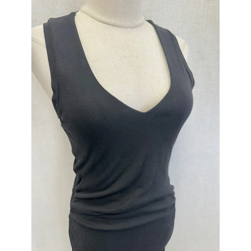 James Perse Tencel Solid Black Ruched Midi Dress Womens Size 3 Minimalist LBD